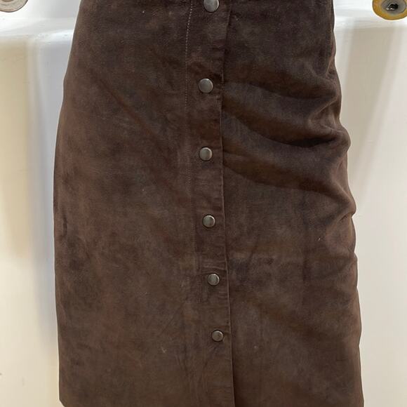 STOCKO YKK New York Brown Leather Skirt A-Line Snap Closure - Picture 3 of 11